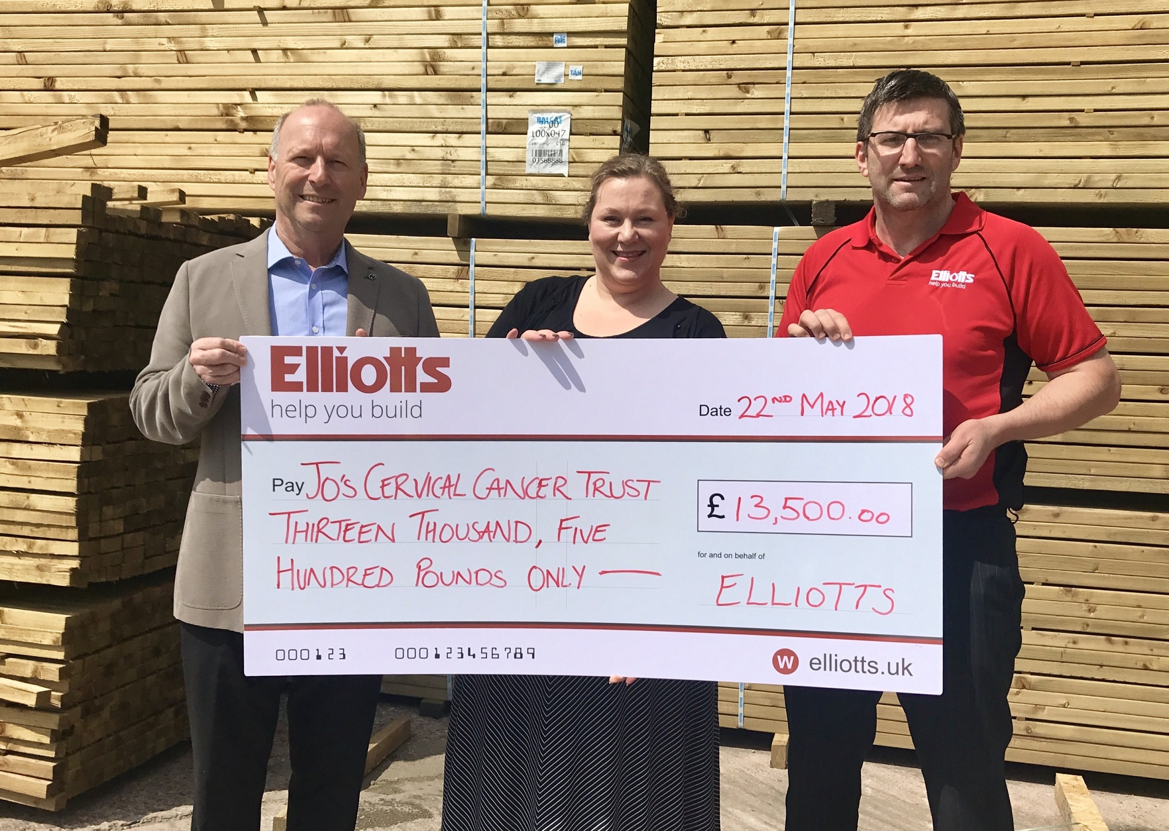 Stuart Mason-Elliott (left) and Ted Tugwell (right) present the cheque for £13,500 to Jo’s Cervical Cancer Trust’s Head of Fundraising, Emilia Carman